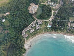View of a small city overlooking the ocean